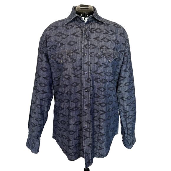 Stetson Men's Aztec Printed Denim Long Sleeve Snap Button Up Shirt‎ Size Medium - Picture 1 of 10